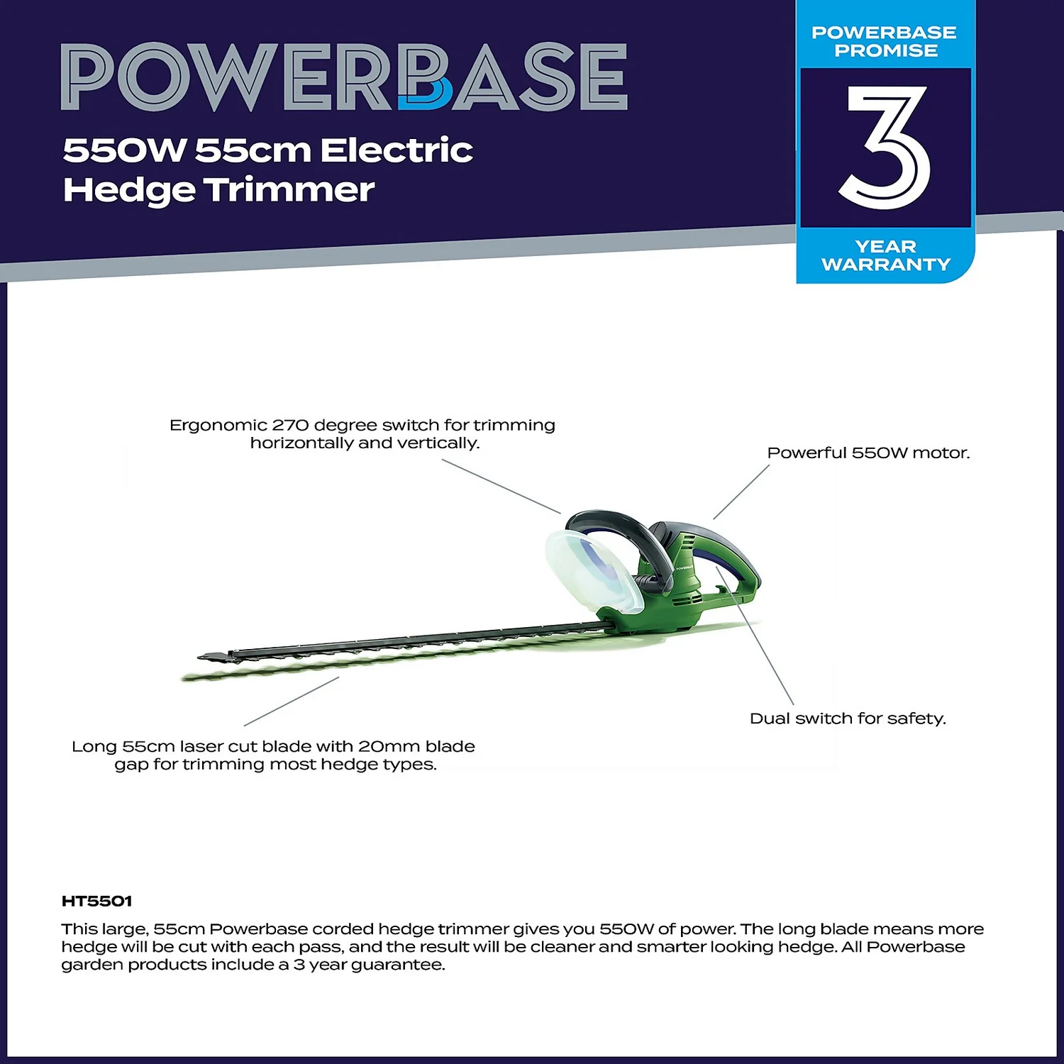 Powerbase 550W Electric Hedge Trimmer - 55cm - Image 2