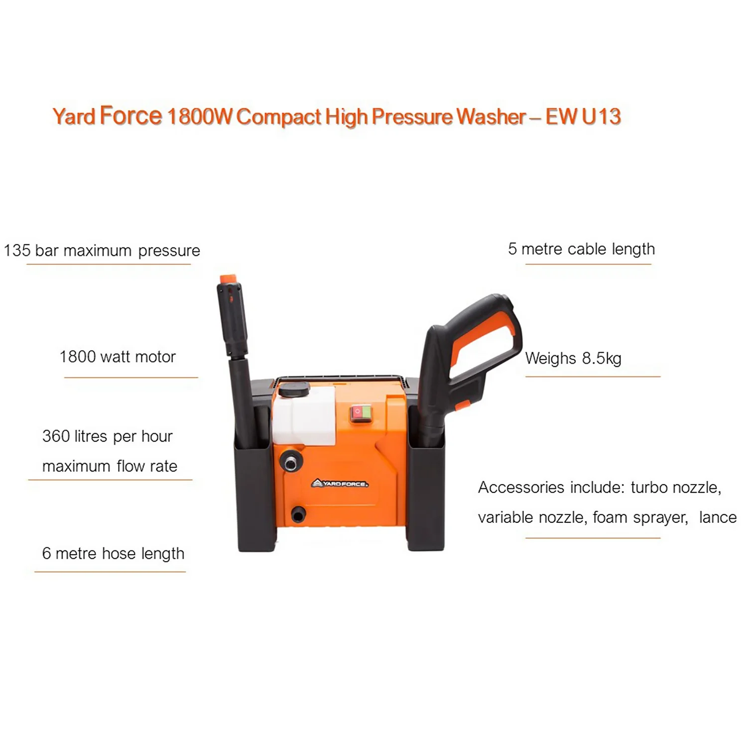 Yard Force 1800W 135Bar Compact Pressure Washer - Image 6