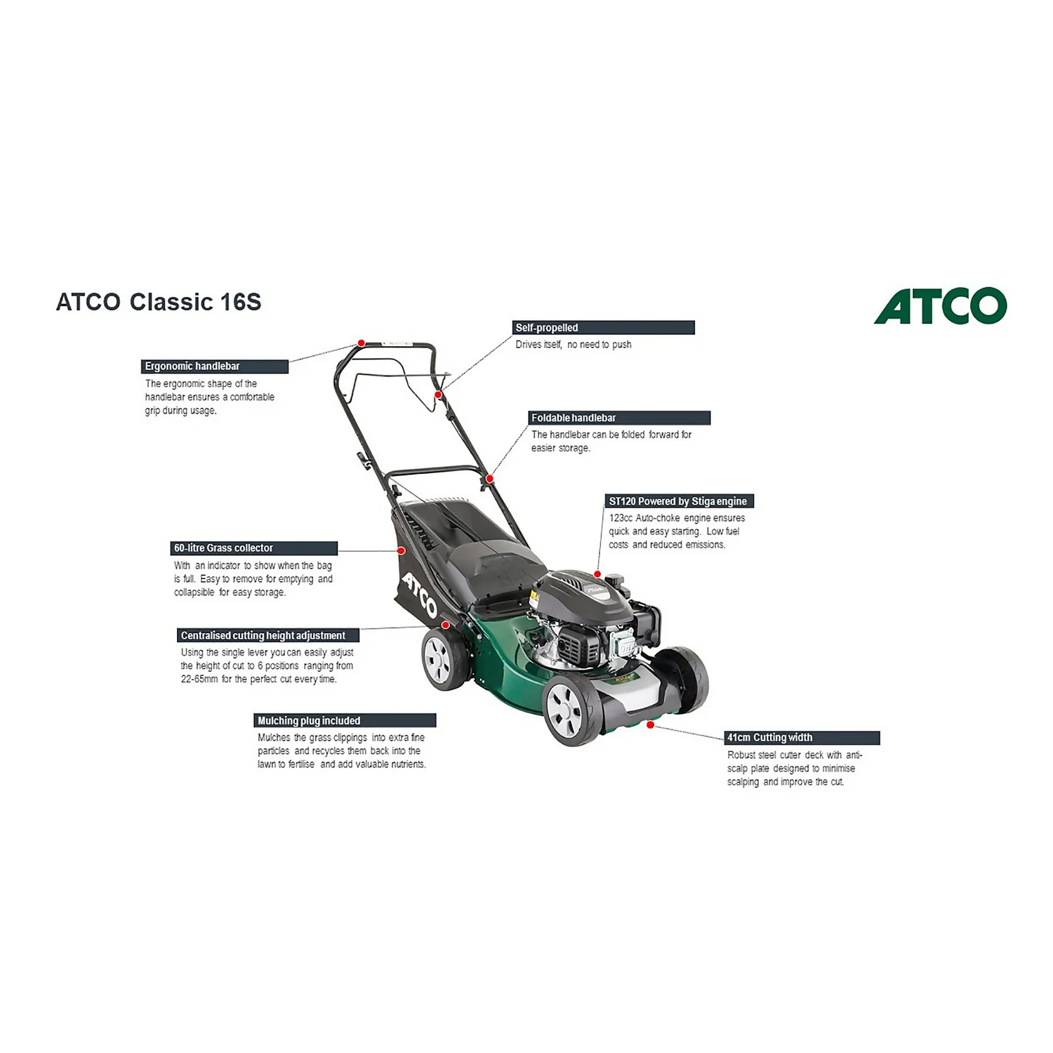 Atco 123ccc Classic 16S Petrol Lawn Mower - 41cm - Image 3
