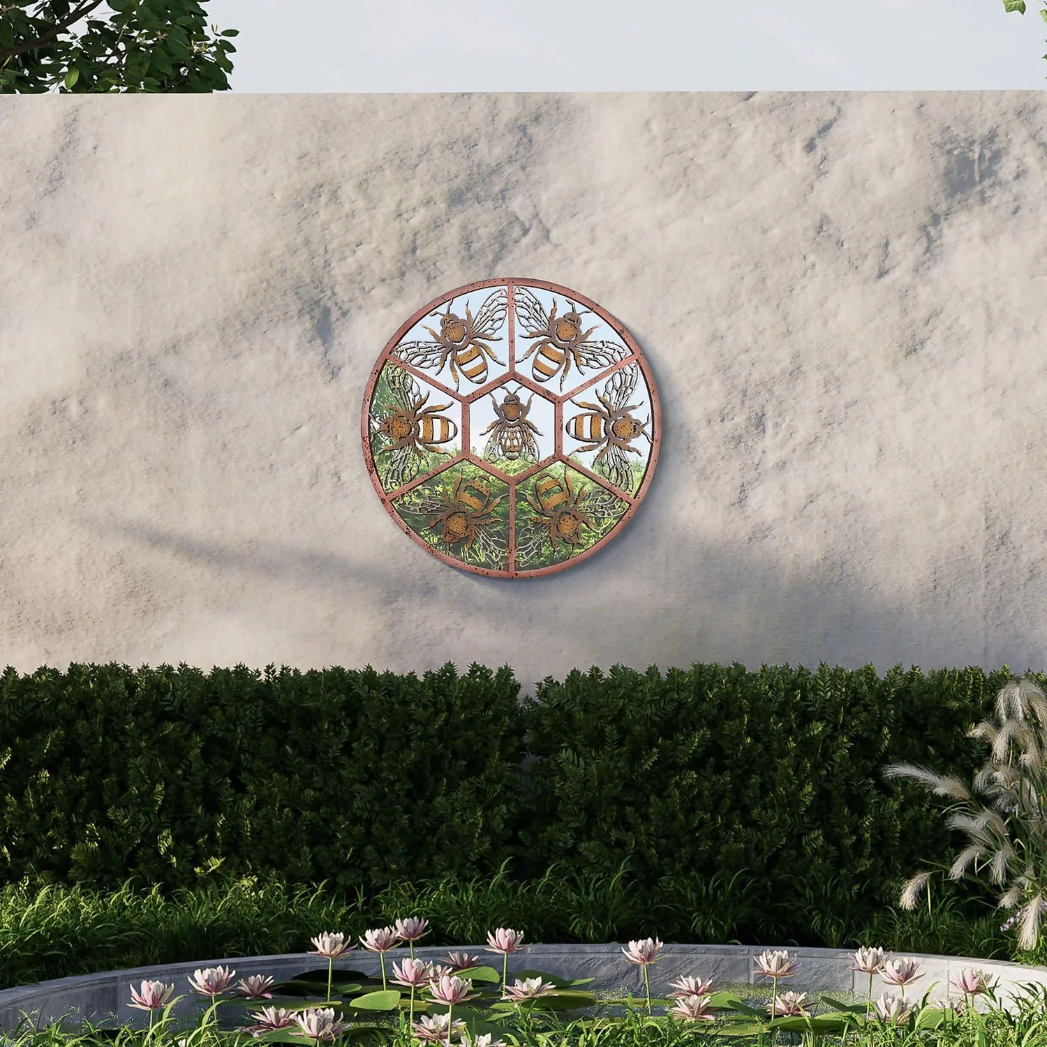 MirrorOutlet Metal Round Decorative Bumble Bee Window Garden Mirror - 80cm - Image 2