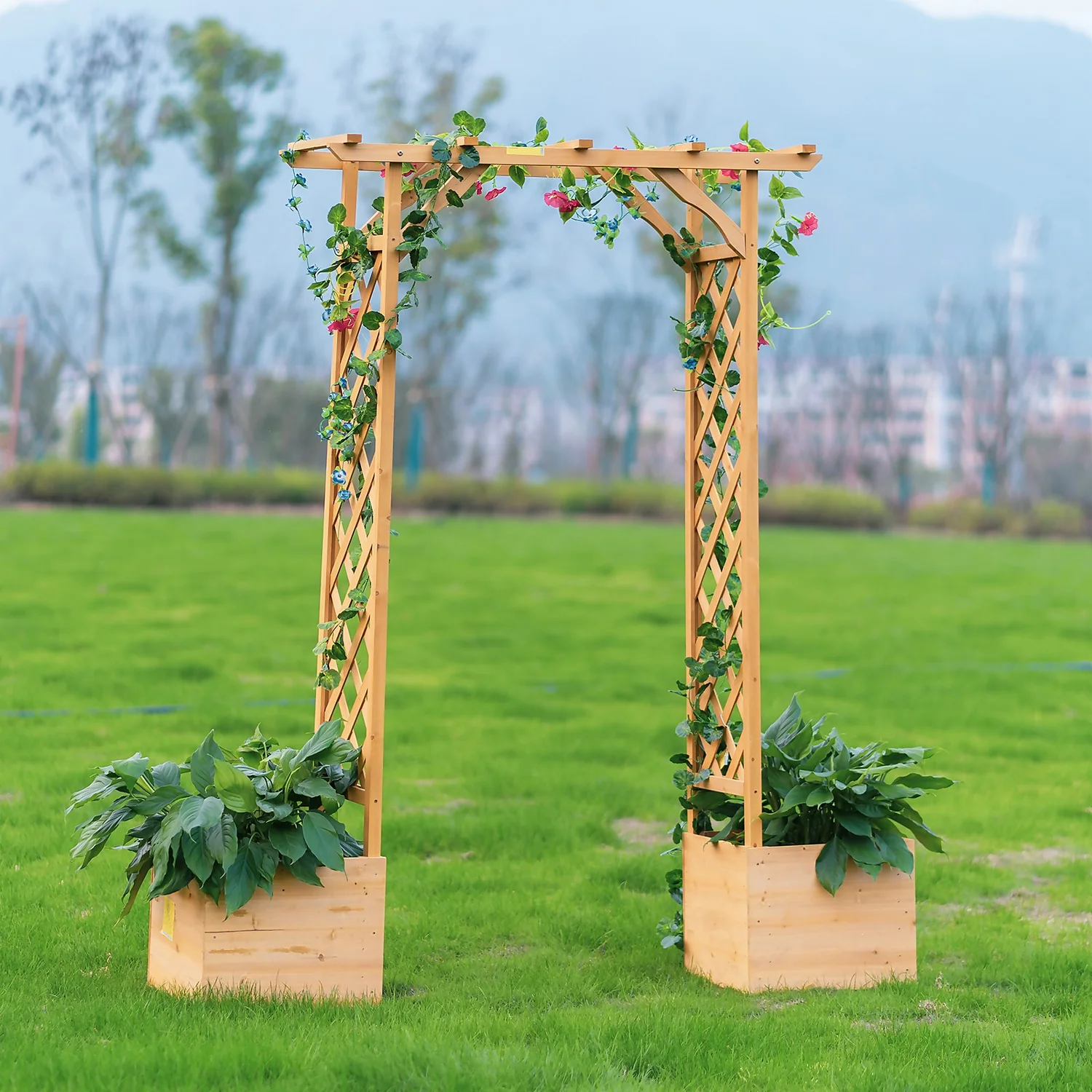 Homebase Wooden Garden Arched Trellis With Planters - Image 4